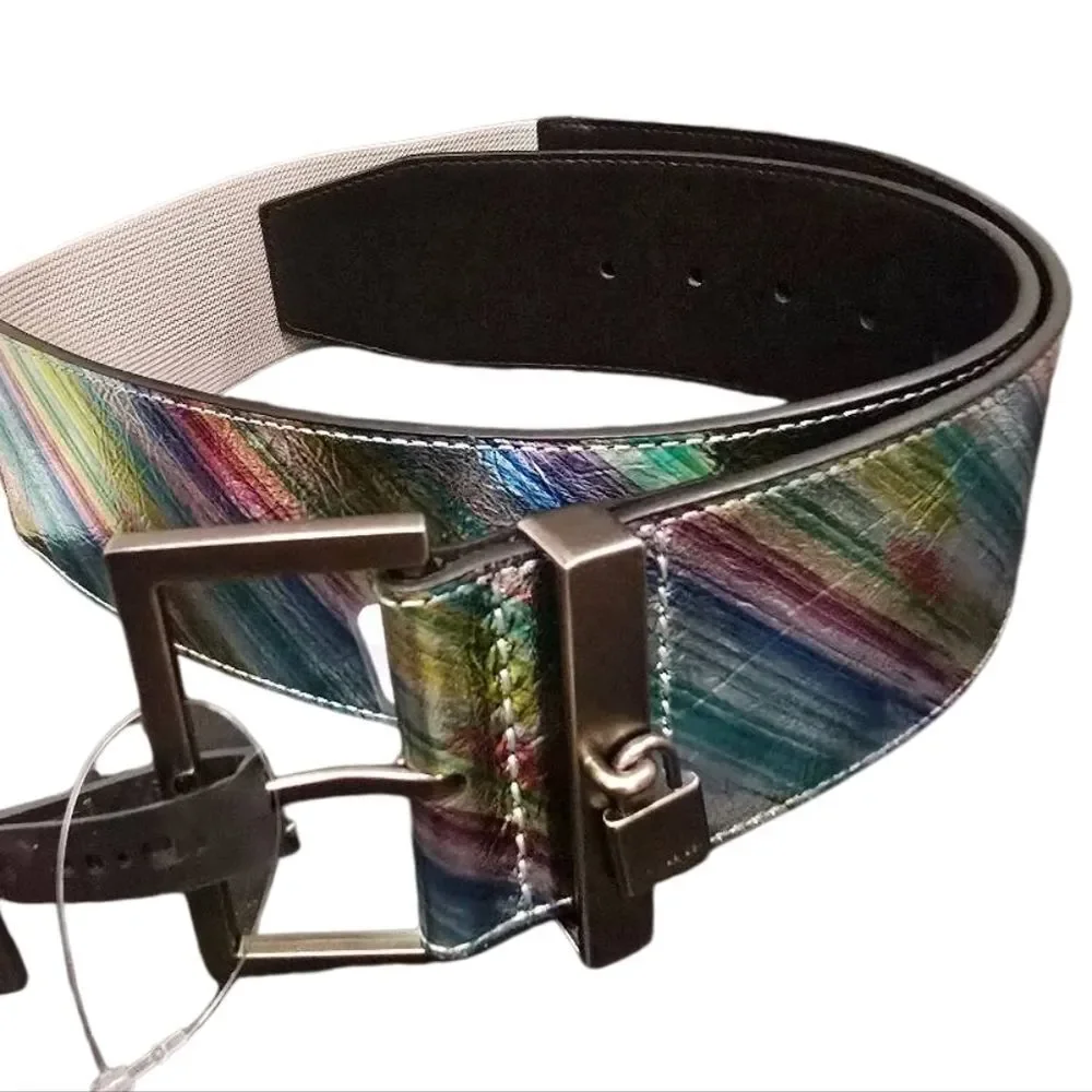 Kurt Geiger‎ London Leather Stretch Belt- Light Blue/Antique Silver
